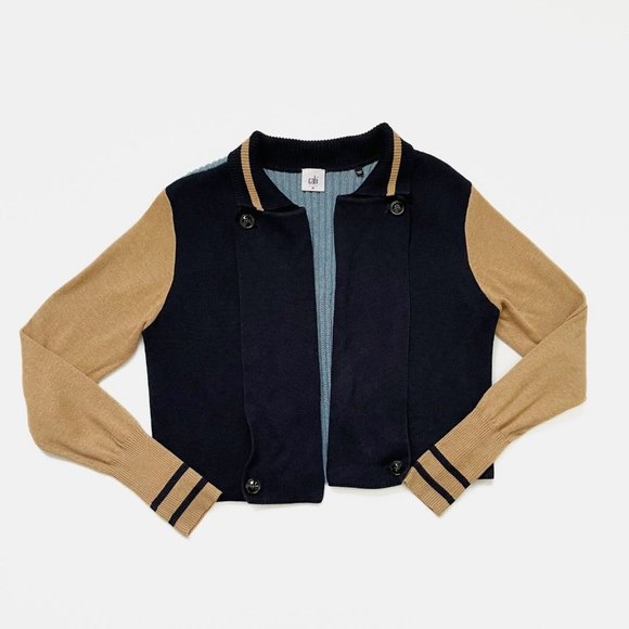 Cabi Turn Back Cardigan Sweater Open Front Medium Academia Navy Tan Chunky Knit - Picture 14 of 16